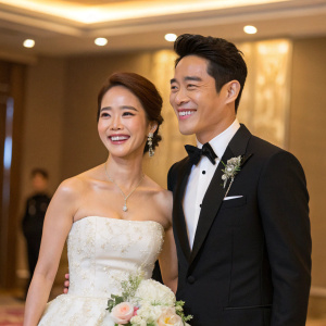 Baek Ji-Young and Jung Suk-Won, celebrating their joyous union at a glamorous hotel ballroom. The bride is resplendent in a strapless white gown adorned with floral details. The groom, in a classic black tuxedo and bow tie, stands beside her. Both wear radiant smiles.