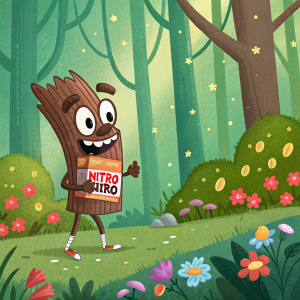 A whimsical cartoon character with a wooden appearance, standing in a vibrant green forest. The character has broad brown eyebrows and a wide mouth. It holds a box labeled 'Nitro Nitro.'