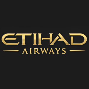 Golden Etihad Airways logo on black background, sleek and modern design