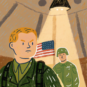 Digital artwork from Wolfenstein II: The New Colossus featuring BJ Blazkowicz in a dimly lit room with American flag. Characters have detailed expressions under focused light creating dramatic shadows.