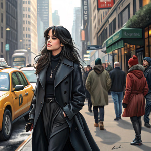 Camila Cabello walking down a busy urban street, dressed in a black coat. Various passersby and vehicles in the background.