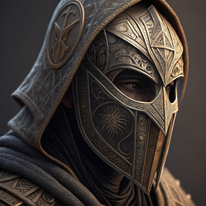 Detailed close-up of an Assassin's Creed mask. Various angles showcasing intricate designs.
