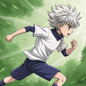 Illustration of Killua Zoldyck from HunterXHunter, in a dynamic pose. Spiky gray hair, white shirt, dark blue shorts. Vibrant green background.