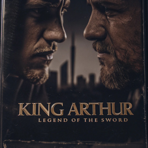Blu-ray cover for 'King Arthur: Legend of the Sword'. Close-up of Charlie Hunnam and Jude Law locked in intense confrontation. Blue-tinted background, cityscape silhouette. Prominent text.