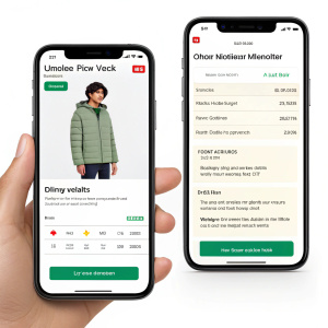Design mockup showcasing user interaction flow for UTracker price monitoring tool. Allows users to create wishlists for Uniqlo items and get alerts on price fluctuations.