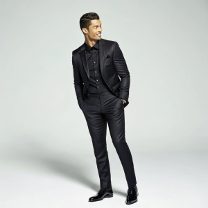 Cristiano Ronaldo in a sleek black suit at a gala event. No background, studio photo