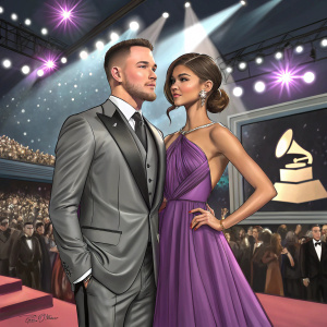 Channing Tatum and Zendaya attending the Grammy Awards. Channing in a sleek grey suit, Zendaya in an elegant purple gown. Stage lights and audience visible in background.