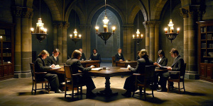 A dark library room in Hogwarts castle. Five students are sitting at the tables reading books.