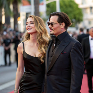 Johnny Depp and Amber Heard at Cannes Film Festival. Dark suit and glossy black dress. Crowded street in background, blurred.
