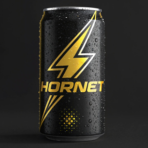 A sleek logo for Hornet Energy Drink. Stylized lightning bolt symbol and brand name in bold, modern font. Yellow color scheme on black background. Emphasizes energy and vitality.