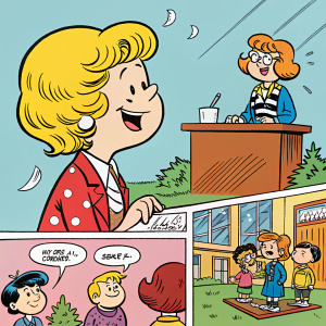 Wallace Wood's Sally Forth comic strip. Full color, vibrant scene with multiple panels depicting dynamic character interactions and diverse expressions.