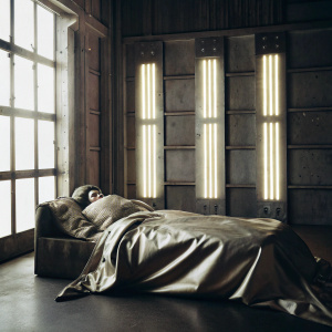 A futuristic bedroom scene from Blade Runner 2049. Neon lights illuminate the space. The bed with a metallic blanket and pillow is the centerpiece. The room has a cyberpunk vibe with industrial design elements and muted colors.