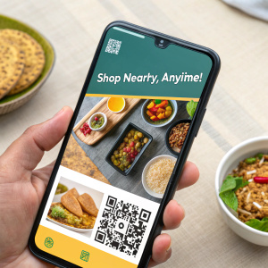 Advertisement for Flipkart Nearby app. A smartphone showcasing the app home screen with a variety of food items. Text: "Shop nearby, anytime!" QR code and URL for downloading the app.