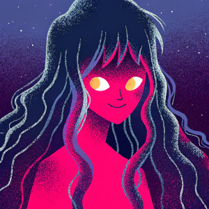 Anime-style illustration. Woman with long, dark wavy hair. Warm, glowing skin. Set against a dark, deep purple background