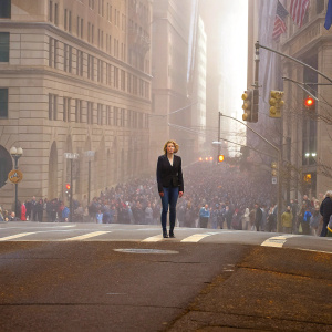Scarlett Johansson, wearing a black blazer and skinny jeans, standing alone in a bustling city street.