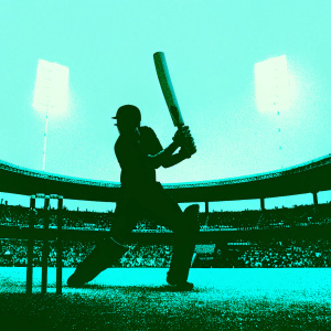 Cricket star Babar Azam, intense focus, batting stance, dynamic pose. Cricket stadium with blurred spectators and umpires.