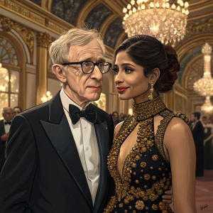 Woody Allen and Freida Pinto at a gala event. Woody Allen in a dark suit, Freida Pinto in a black and gold beaded dress. Gilt decorations and chandeliers in the background