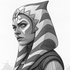 Illustration of Ahsoka Tano, star wars character, in black and white. Intense expression, detailed line work, plain background