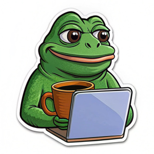 pepe the frog, using computer, holding coffee cup, ghibli style, sticker