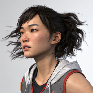 3D digital rendering of a young Asian character from Mirror's Edge Catalyst. Focused expression and wavy dark hair. Gray background