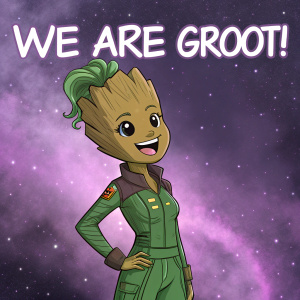 Digital illustration of a female character resembling Marvel's Groot. She's smiling brightly, green outfit, cosmic nebula background with purple hues. Text 'We are Groot!' above.