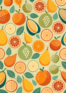 minimalist graphic pattern of fruits, using simple shapes, Modern Ukiyo-e style woodcut, maximise the negative space, vivid pastels