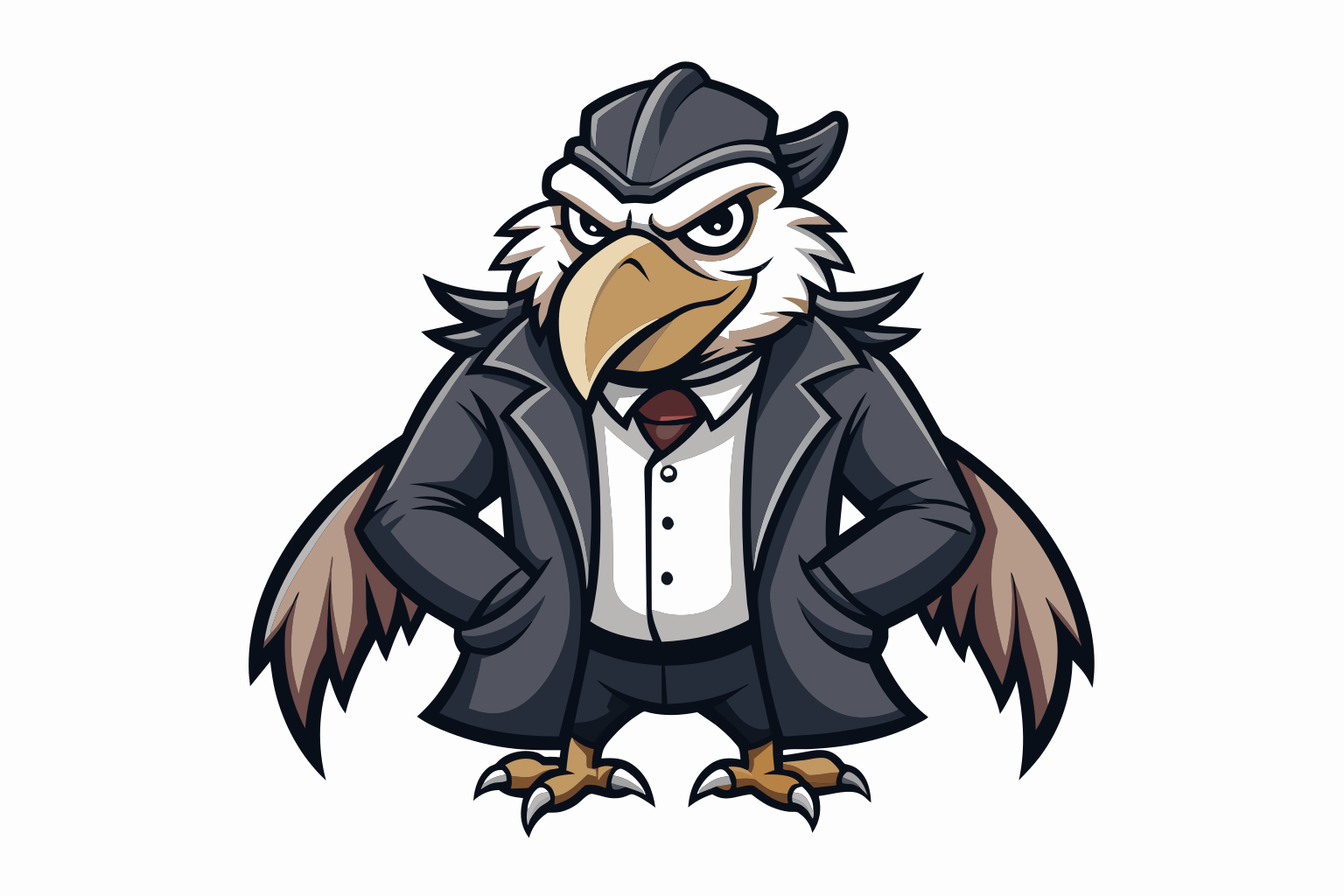 angry old vulture dressed as gangster style. CARTOON STYLE, silhouette vector for t-shirt concept design, pen drawing, 2d design, clean lines, sketch style, profesinal vector, clipart, sticker style, background white, simple lines, no background, stencil style