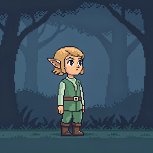 Pixel art illustration of an elf-like character. Simple color palette. Dark blue background.