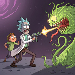 Rick Sanchez and Morty Smith from the animated series. Rick, looking serious, fires a weapon at a gigantic, green alien with fiery tentacles. Morty, terrified, runs away. Dark purple background.