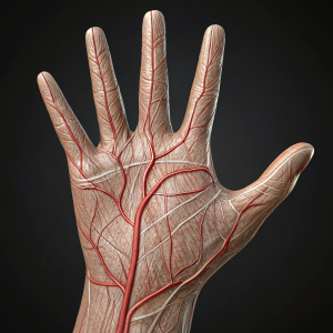 Realistic 3D model of a hand, intricate veins and skin texture. Curved fingers, soft shape. Dark background, subtle depth, shading