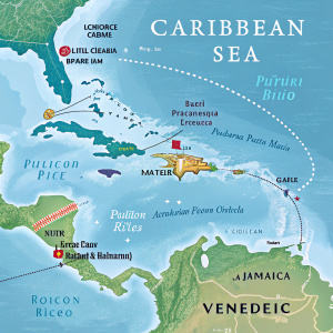 Interactive digital map focusing on the Caribbean Sea. Countries highlighted include Cuba, Jamaica, Haiti, Dominican Republic, Puerto Rico, and Venezuela, showcasing their distinct features.