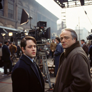 Matthew Broderick and Marlon Brando on a bustling movie set. Numerous crew members, cameras, and lighting equipment in the background.