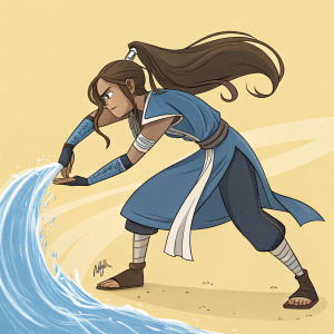 Katara, character from Avatar: The Last Airbender, illustrated in action pose with water bending. Bright yellow background