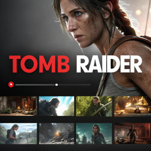 YouTube video screenshot featuring Tomb Raider. Title in bold red and white text on a dark background, alongside several thumbnail images