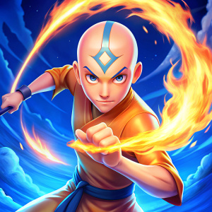 create an image of  firebending avatar aang with arrow tatoo on his forehead in northern water trib