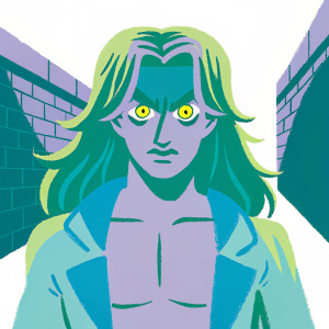 Dio Brando, from JoJo's Bizarre Adventure, stands in a dark alley, his long hair flowing, eyes piercing and filled with malice.