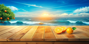 Wooden table top on blue sea, citrus fruits