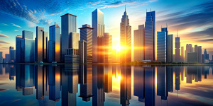 Skyscrapers of a smart city at sunset, futuristic financial district, graphic perspective of buildings and reflections - Architectural blue background for corporate and business brochure template