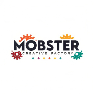 Logo for Mobster Creative Factory. White background. Bold, colorful design with abstract shapes and creative fonts.