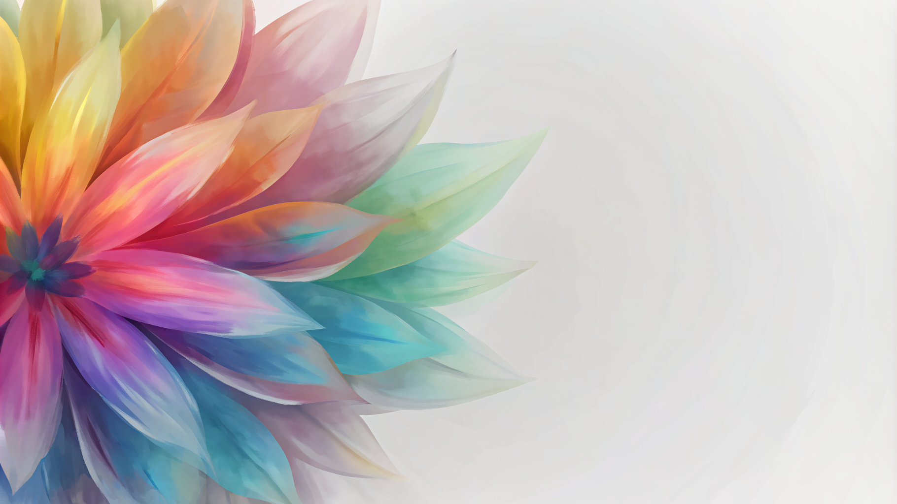 digital painting of abstract colorful flower in corner on white background. with blank area for text