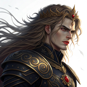 Meliodas, from the Seven Deadly Sins, with long hair, fierce expression, and red lipstick. Wearing intricate black and gold armor. Dramatic lighting on white background.