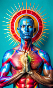 plasma body, sacred geometry, irradiant rayes, heliotrope, dreammy, Heaven revelation, Surreal fine art style figure with skin symbolizing transient, engulfed in ethereal light indicating an everlasting realm, gaze lifted to infinite skies, soft volumetric light suffusing the scene, colors vivid and lifelike, golden ratio composition, 8k quality photorealistic concept art, enveloped in a mysterious aura, utilizing complementary colors, octane rendering., Mysterious