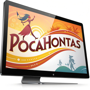 An animated logo for Pocahontas featuring a vibrant color palette of orange, yellow, and other hues. The design is centered on the screen, bold and dynamic with a contemporary look. The logo stands out against a plain background, highlighting the brand name in a stylized font.
