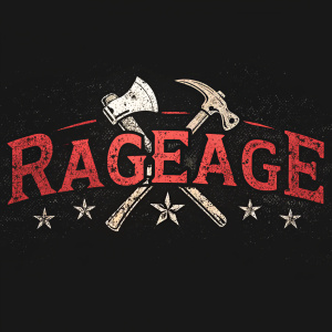 Digital illustration of the 'Rageage' logo. Rugged, edgy aesthetic with bold, stylized font. Text is striking red against a solid black background. Three-dimensional appearance with sharp, defined edges.