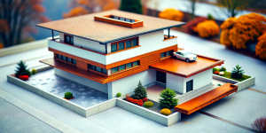 isometric view from 45deg. tiltshift. Miniature narrow, Frank LLoyd Wright inspired house, with two floors and balcony, garage near the building, miniature car parked outside the garage, on the ground, not on the roof. A lot of detail on the balcony: flower pots, laundry.  