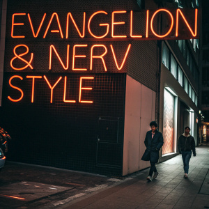 Poster for 'Evangelion & NERV Style' with neon orange text on black background