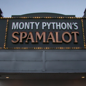 Vibrant neon sign for 'Monty Python's Spamalot' at Shubert Theatre. Bold text and colorful lights. Dark background, warm yellows and reds. Mounted on theatre facade.