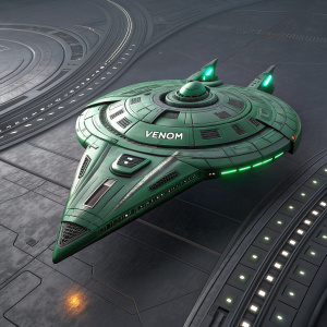 Digital art of a sleek, green alien vessel from the Star Trek universe. Set against a dark grey backdrop, the spaceship features intricate metallic patterns and a prominent Venom logo.
