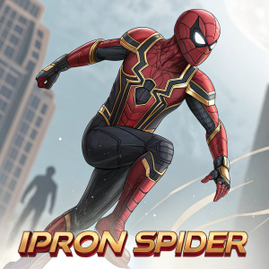 Digital illustration of Spider-Man in Iron Spider Suit, mid-air pose, vibrant red, gold, and black colors. Blurred silhouette of Iron Man in background, 'IRON SPIDER' text at bottom