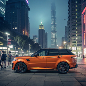 An orange Range Rover Sport SVR parked in a bustling sci-fi cityscape.